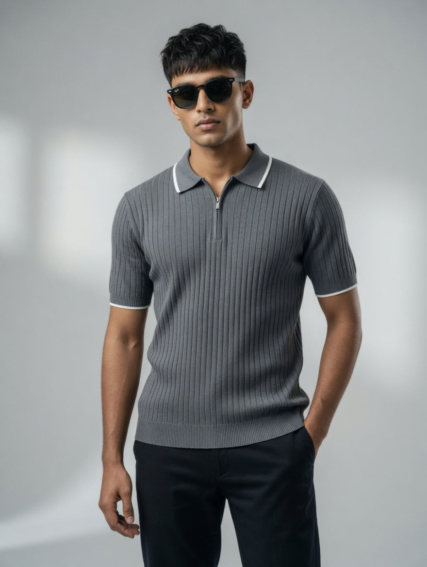 Ribbed Zip Polo Shirt