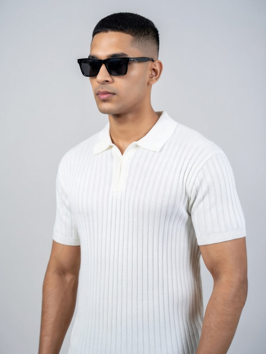 Ribbed Knit Polo Shirt