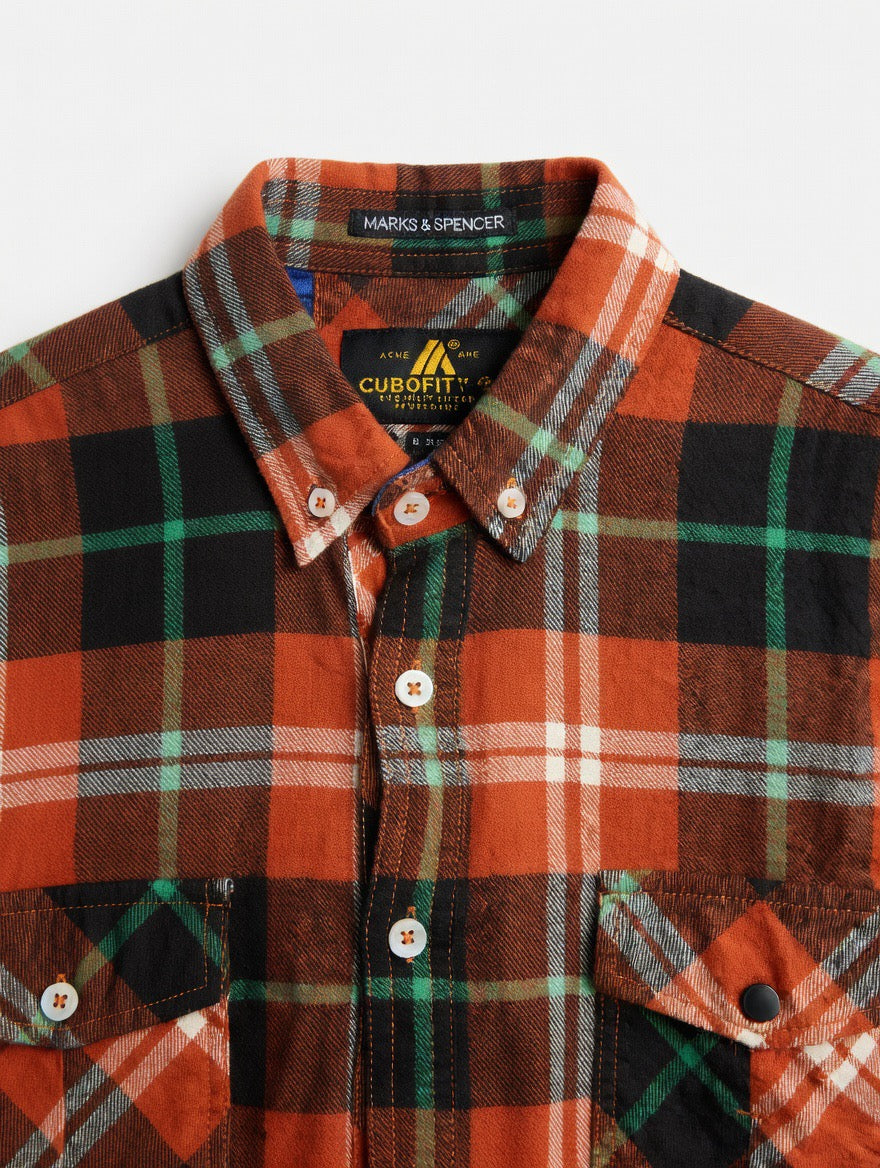 Premium Orange Green Black Plaid Flannel Shirt