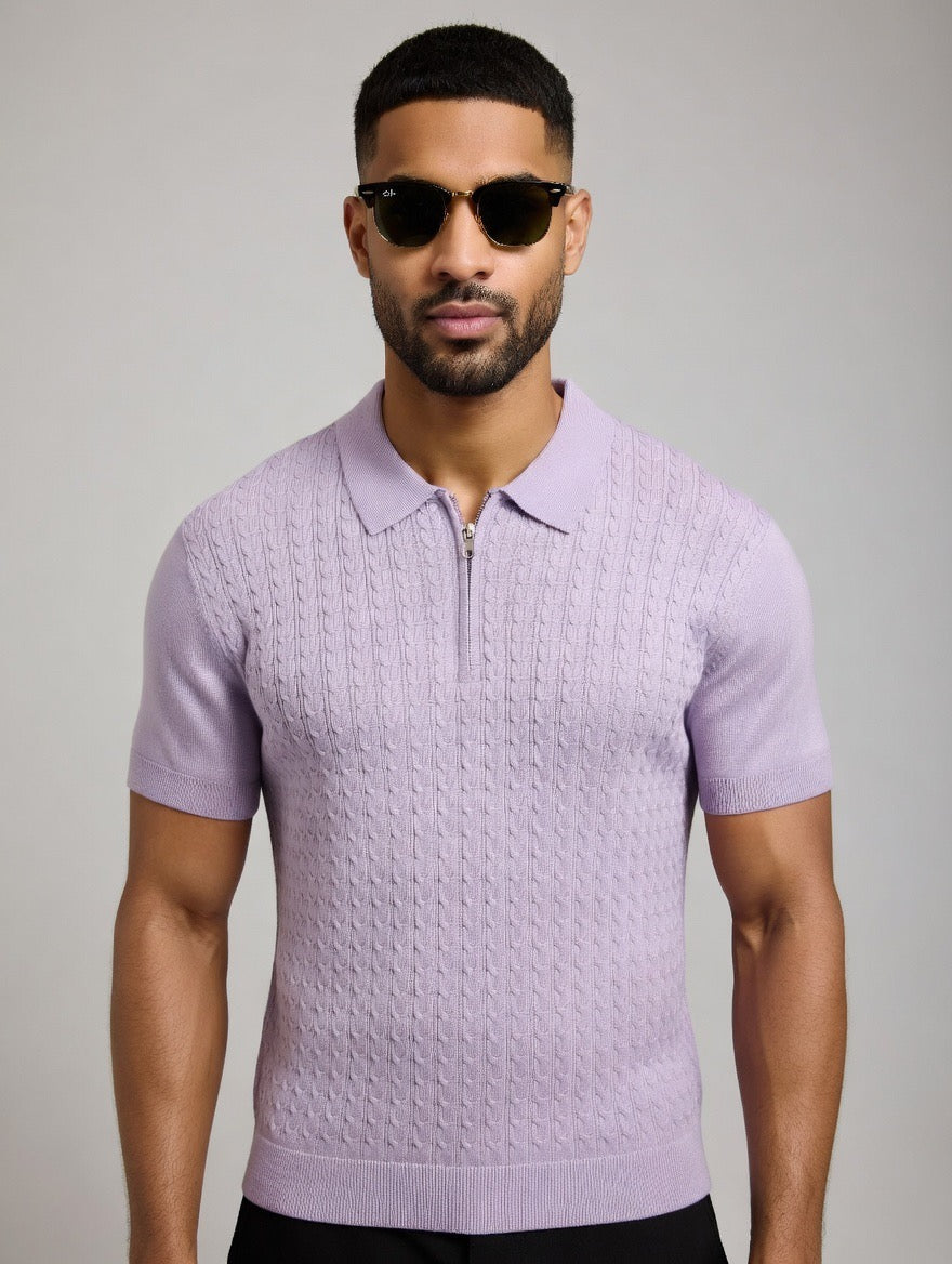 Cable Knit Zip-Up Polo Shirt | Premium Textured Knitwear