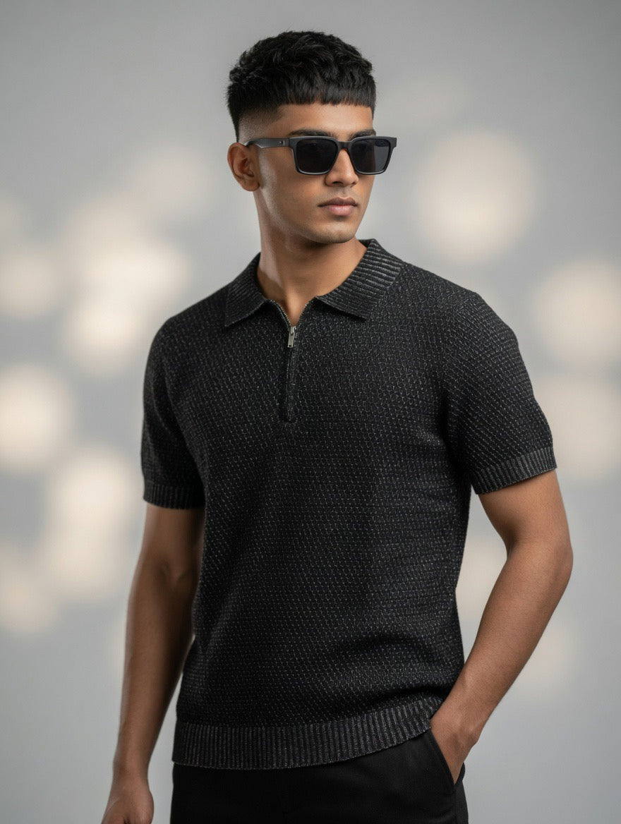 Waffle Zip Polo Knit Top