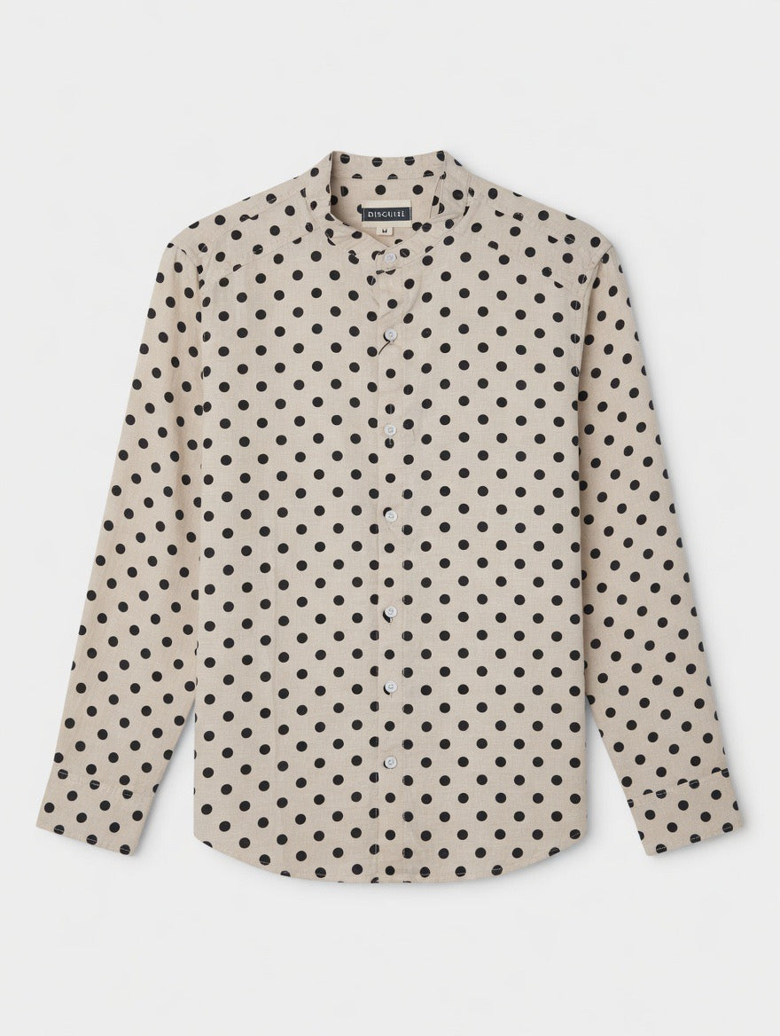 Beige Polka Dot Linen Shirt – Chinese Collar