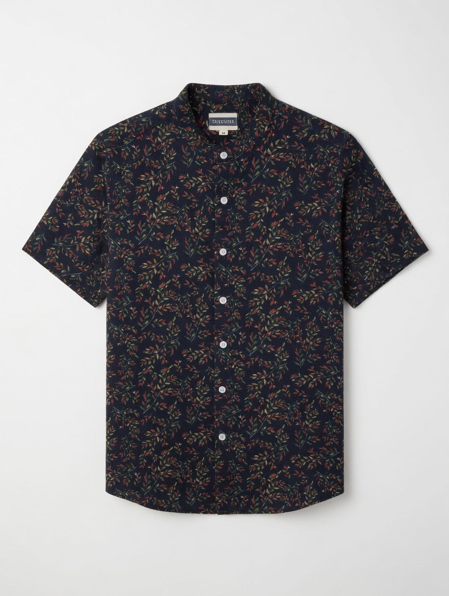 Navy Blue Leaf Print Chinese Collar Shirt