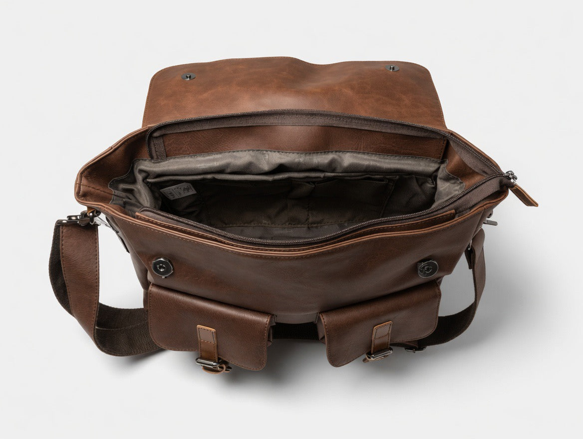 Vintage Faux Leather Messenger Bag – Premium Brown