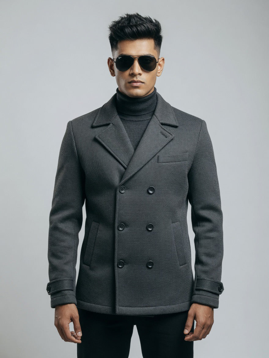 Gray Textured Double-Breasted Jacket