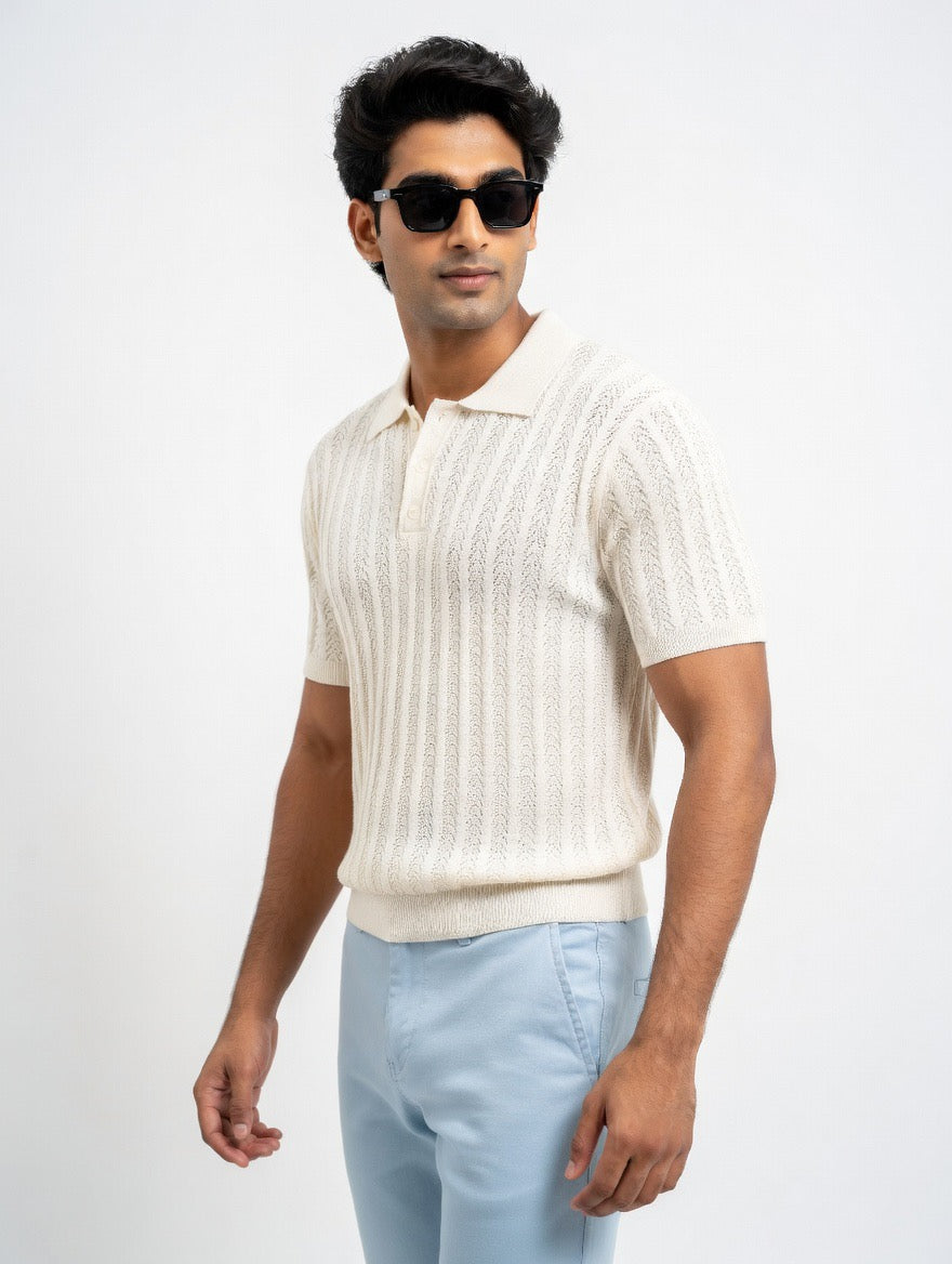 Open-Knit Cable Polo Shirt