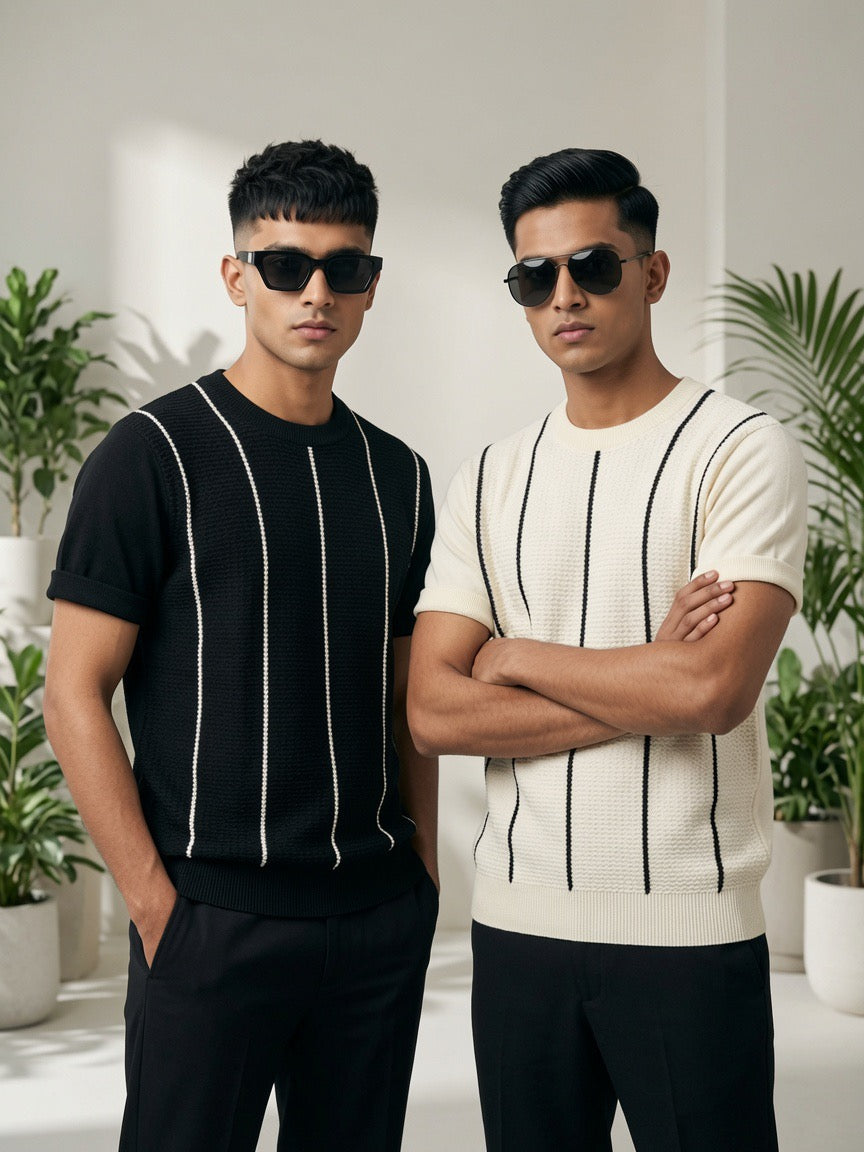 Striped Textured Knit T Shirt