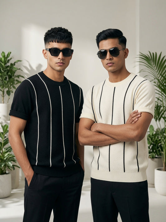 Striped Textured Knit T Shirt