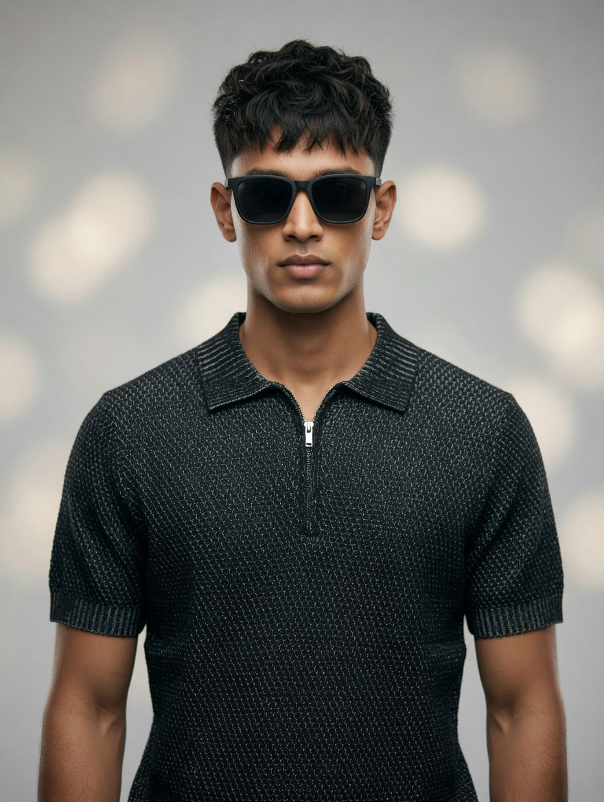 Waffle Zip Polo Knit Top
