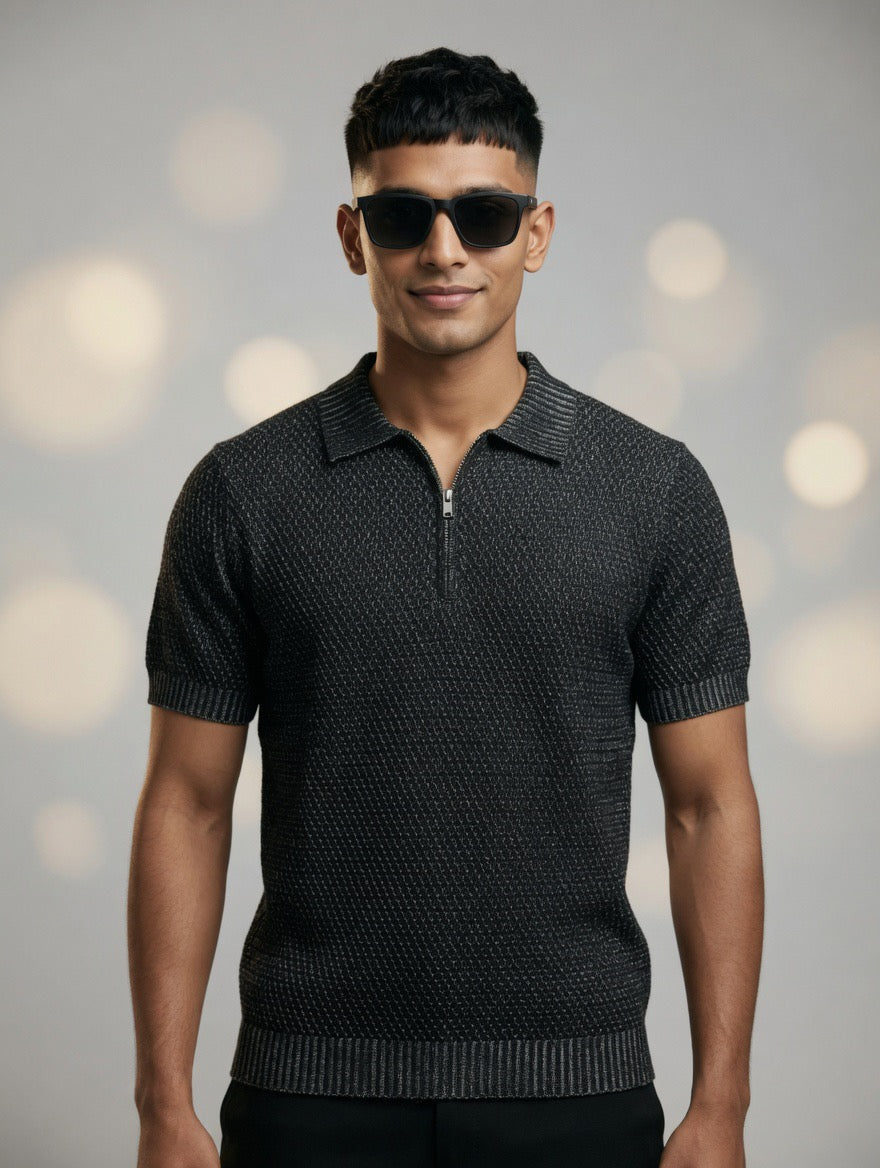 Waffle Zip Polo Knit Top