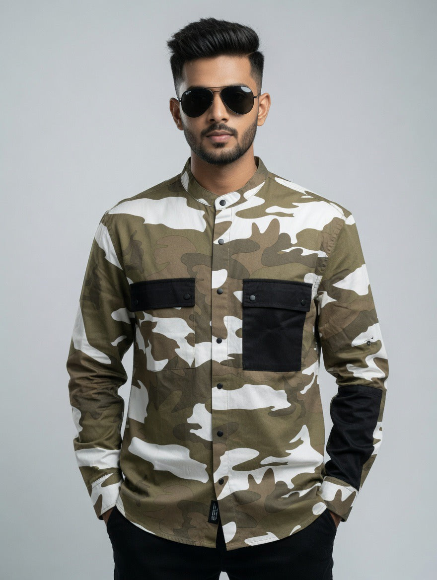 Olive Green Camouflage Chinese Collar Shirt