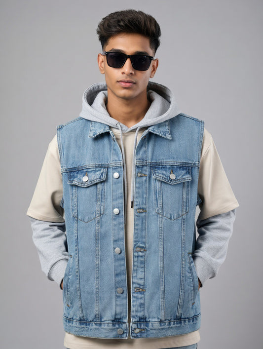 Light Wash Denim Hoodie Vest (removeable hoody)