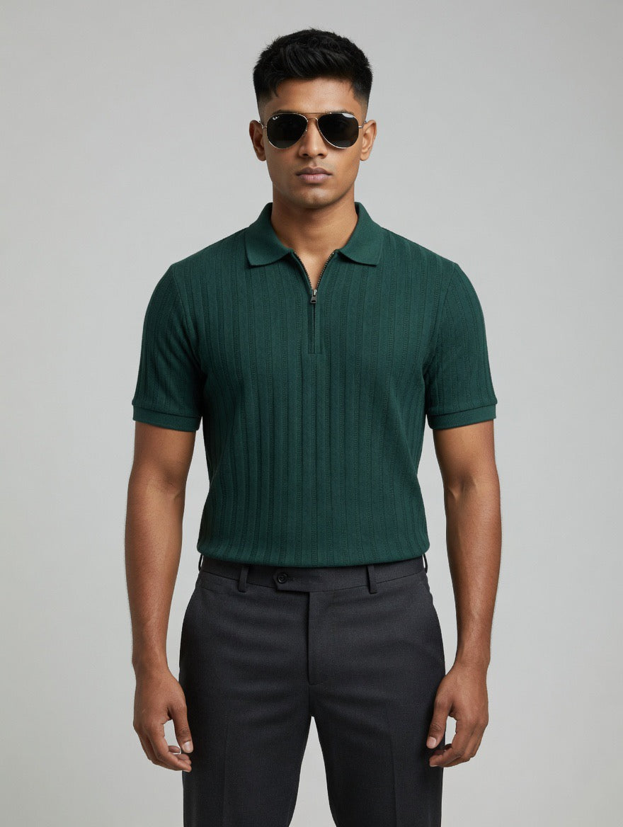 White Zip Rib Polo Shirt Cotton