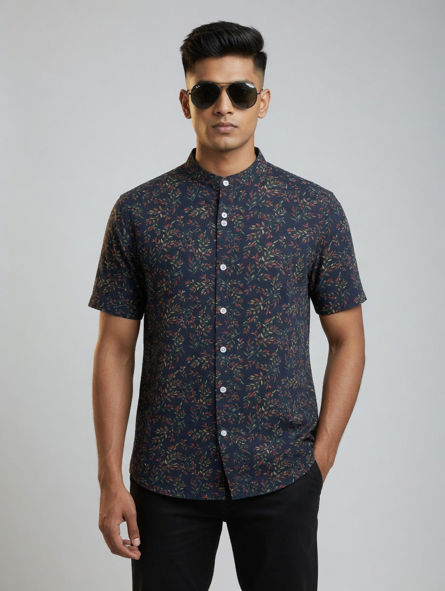 Navy Blue Leaf Print Chinese Collar Shirt