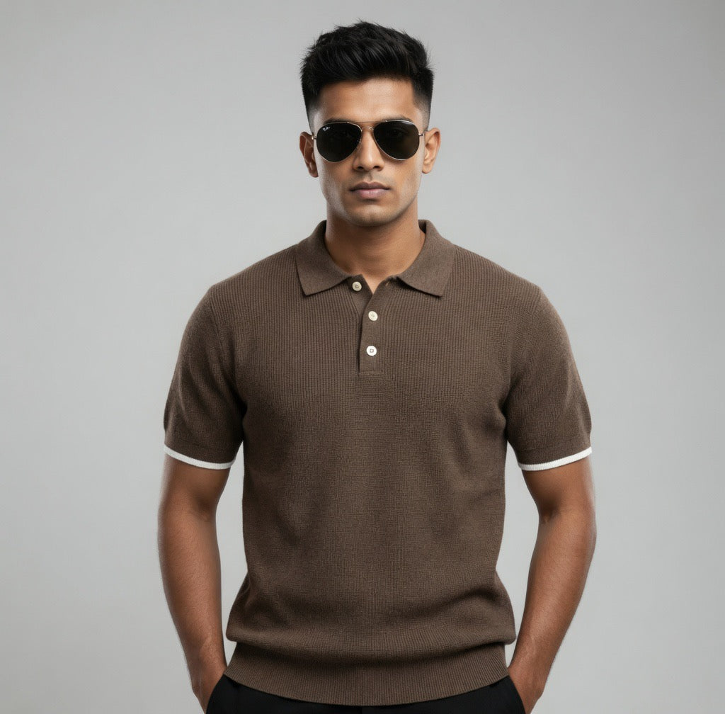 Ribbed Polo Shirt with White Contrast Trim
