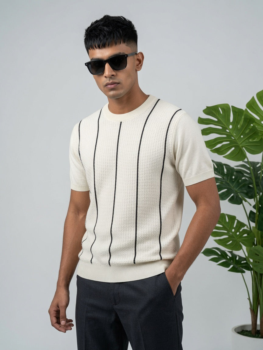 Striped Textured Knit T Shirt