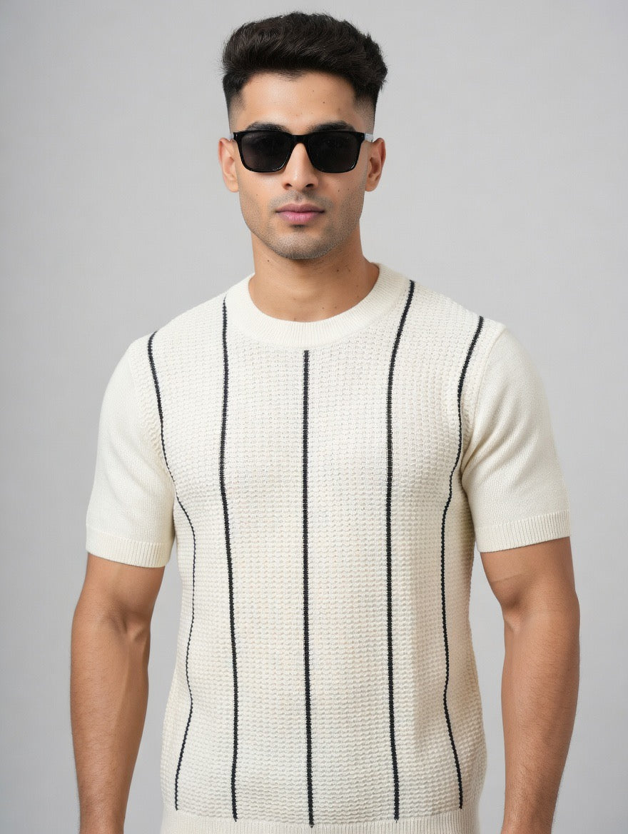 Striped Textured Knit T Shirt
