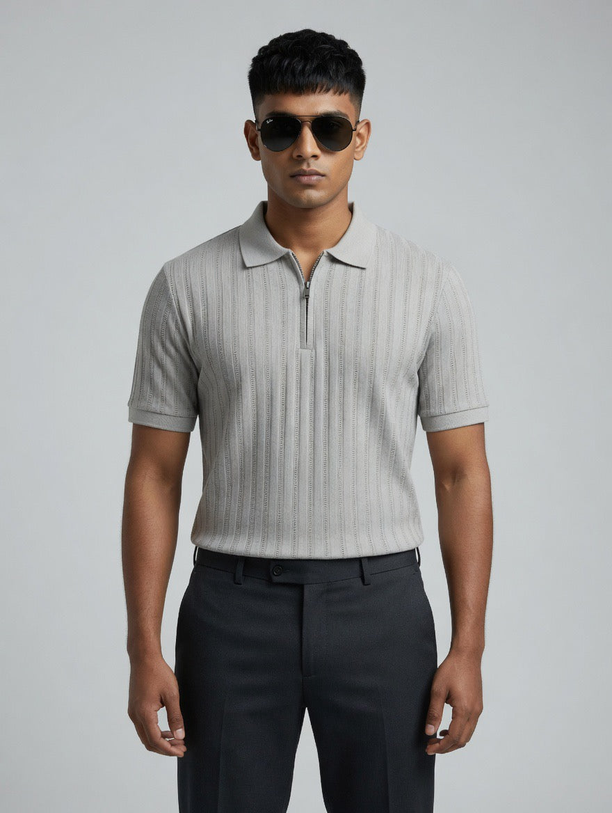 White Zip Rib Polo Shirt Cotton