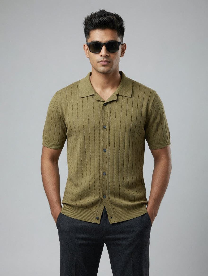 Short-Sleeve Ribbed Button-Up Shirt
