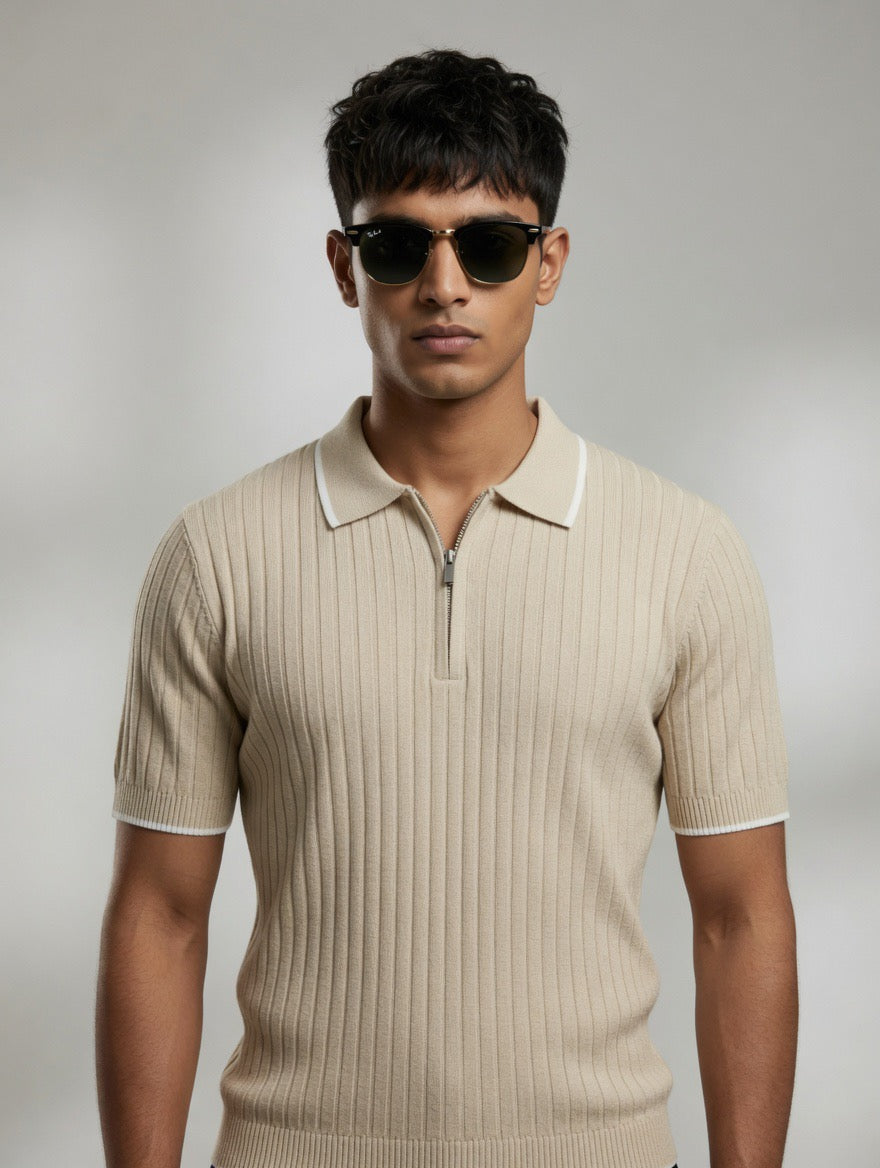 Ribbed Zip Polo Shirt