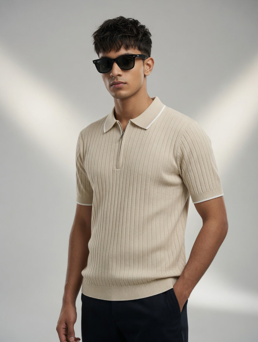 Ribbed Zip Polo Shirt