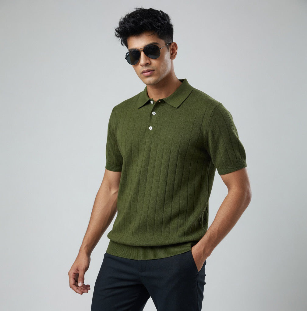 Ribbed Polo with Pleated Shoulders