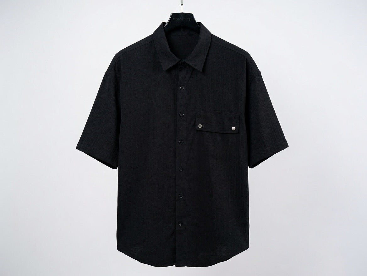 Black Oversized Short Sleeve Button-Down Shirt