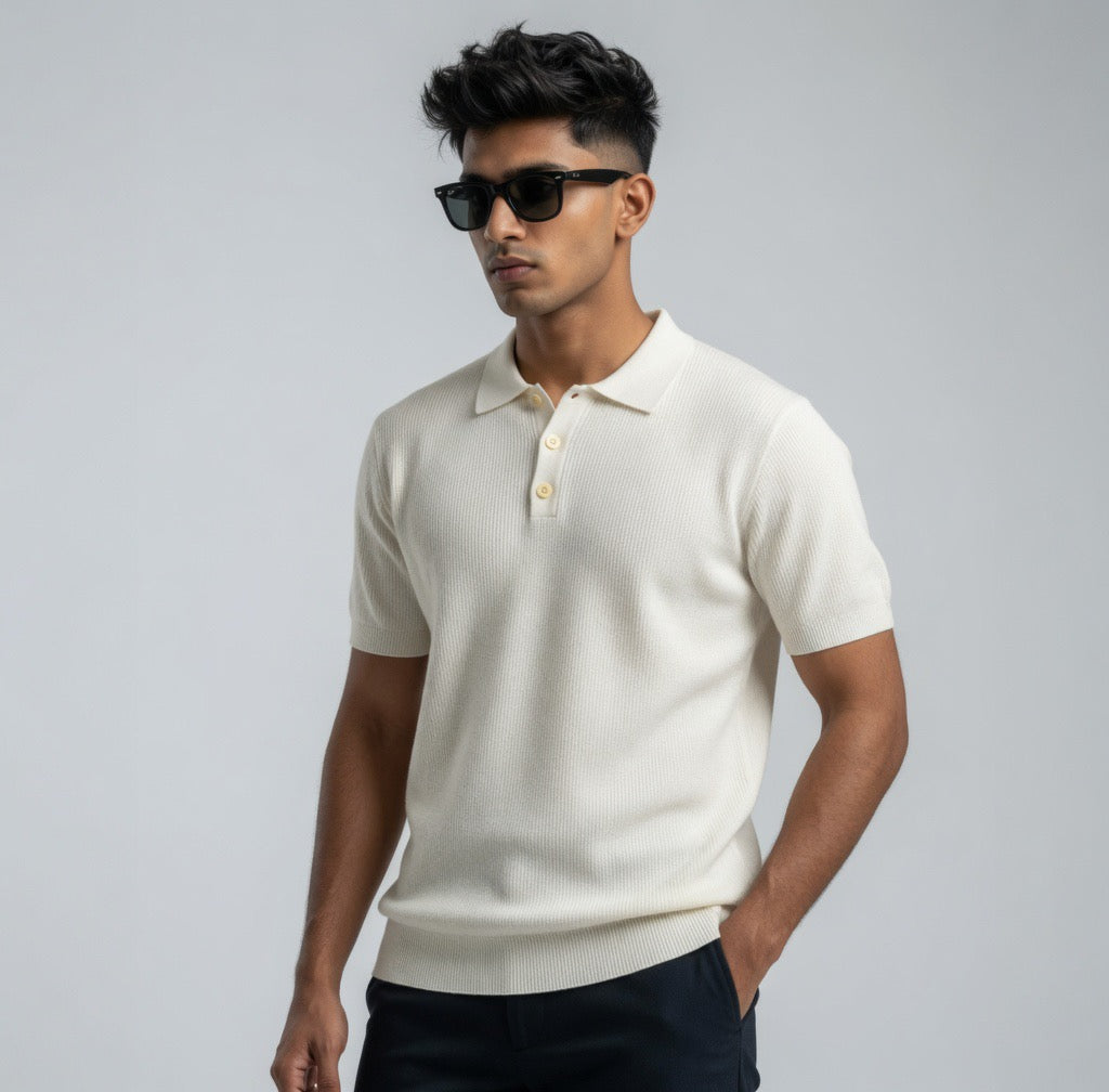 Ribbed Polo Shirt with White Contrast Trim