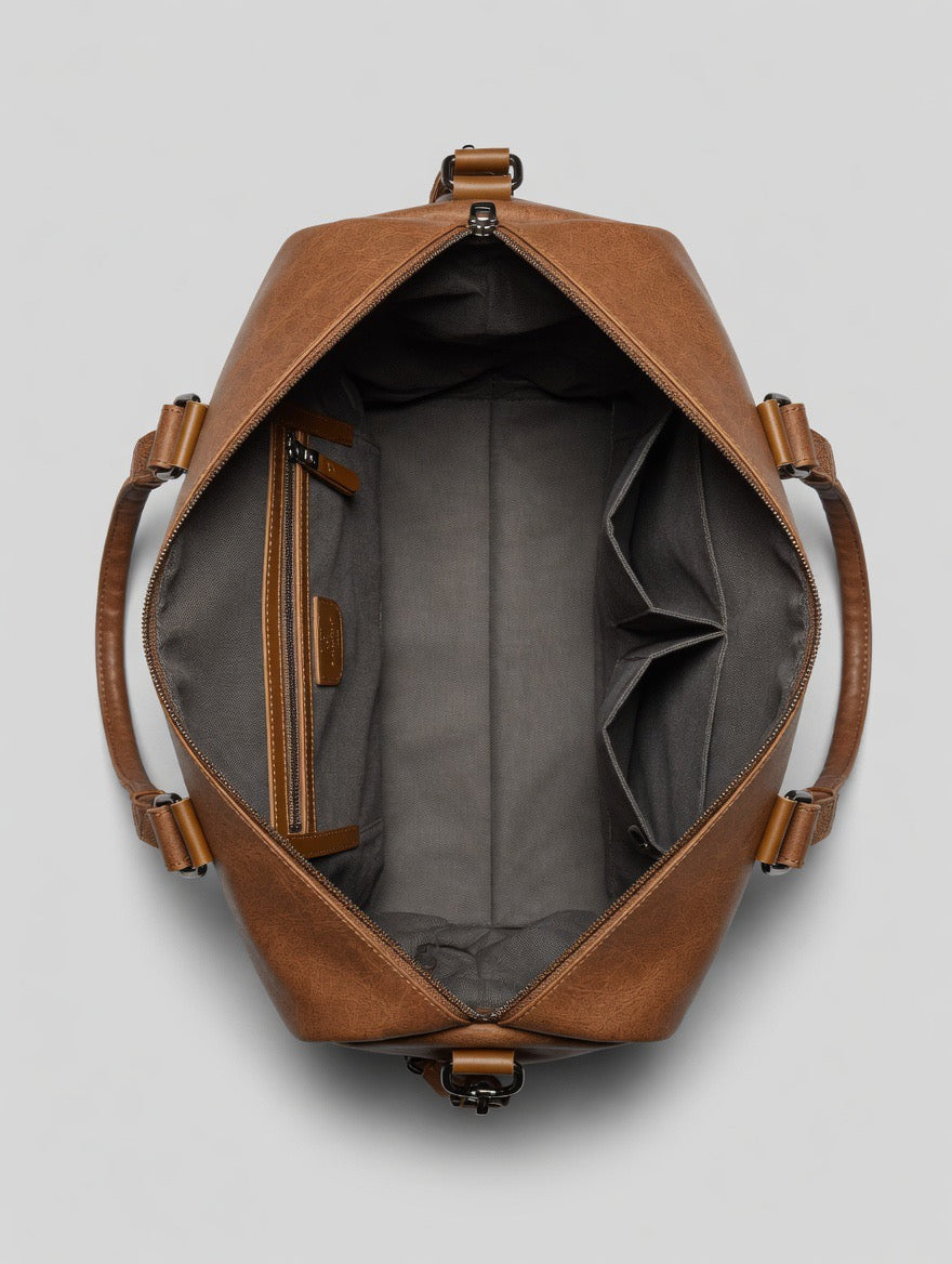 Premium Two-Tone Brown Faux Leather Duffel Bag