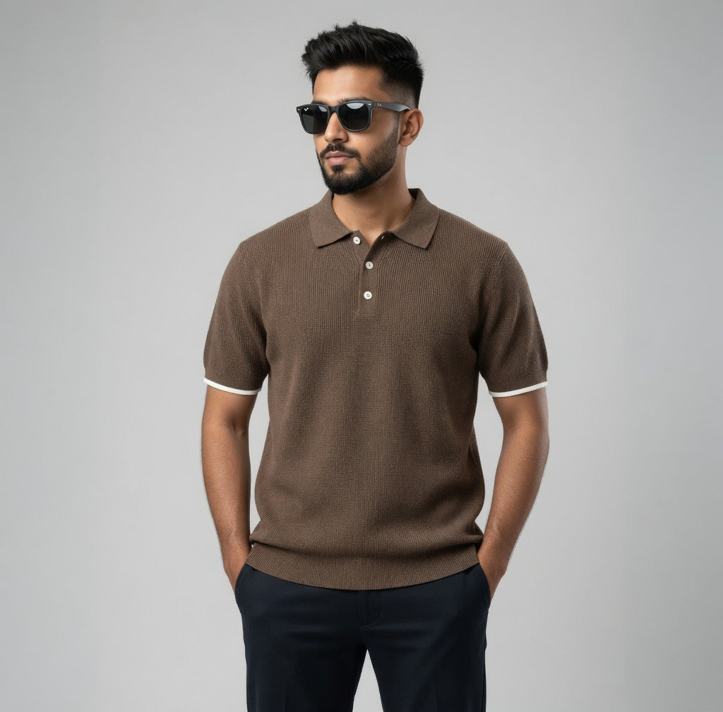 Ribbed Polo Shirt with White Contrast Trim