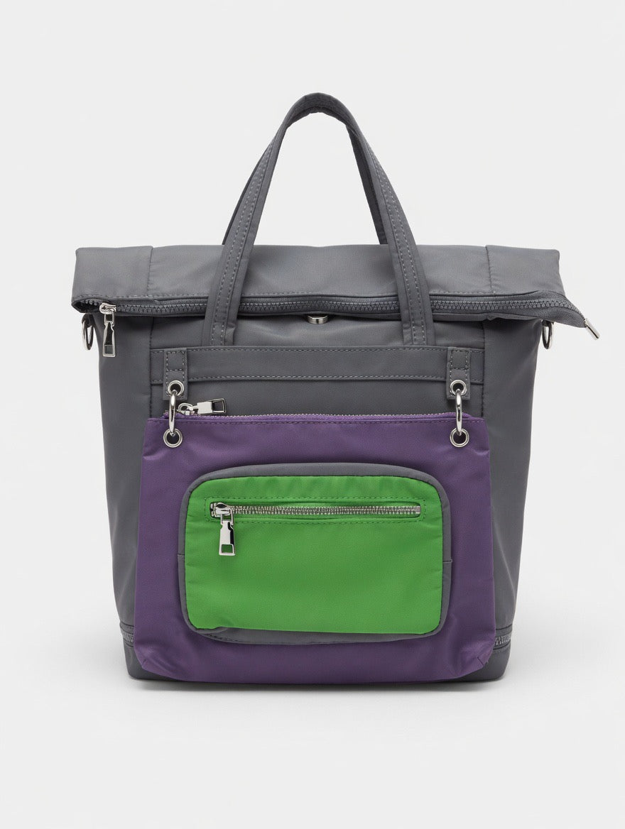Multi-Functional Nylon Bag – Convertible Tote Backpack with Green Pocket
