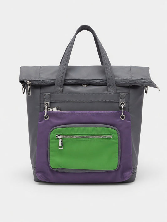 Multi-Functional Nylon Bag – Convertible Tote Backpack with Green Pocket