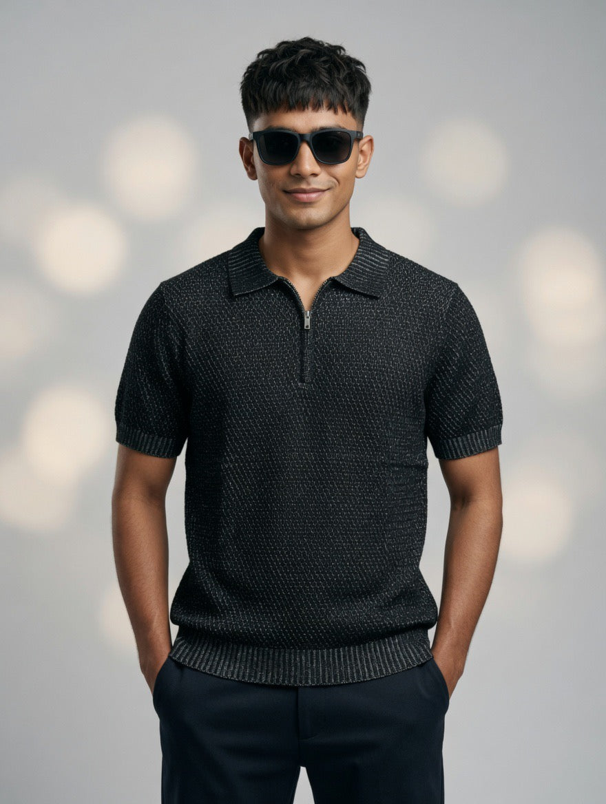 Waffle Zip Polo Knit Top