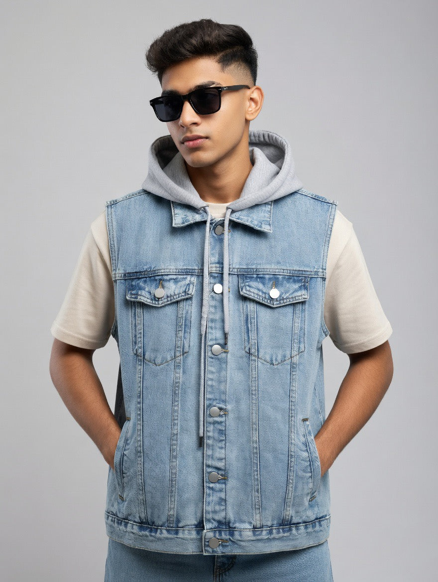 Light Wash Denim Hoodie Vest (removeable hoody)