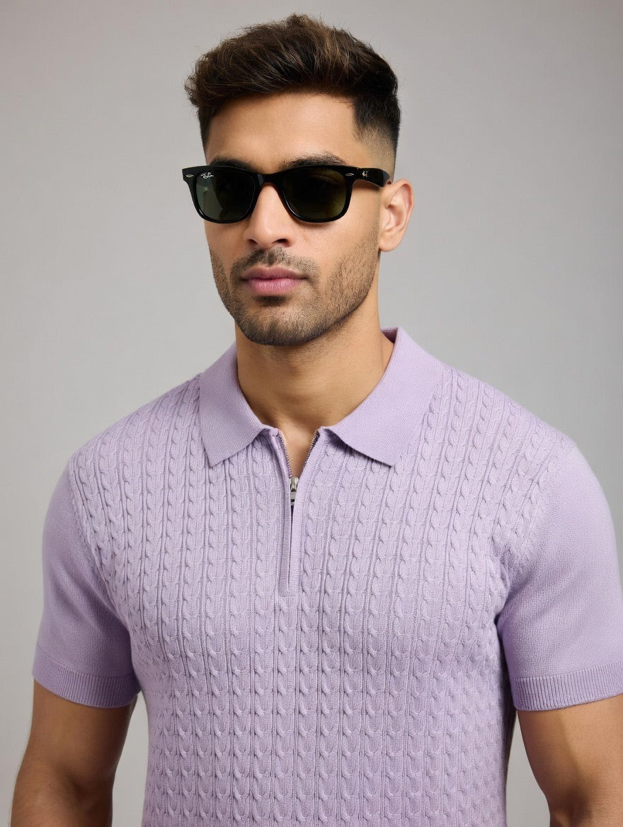 Cable Knit Zip-Up Polo Shirt | Premium Textured Knitwear