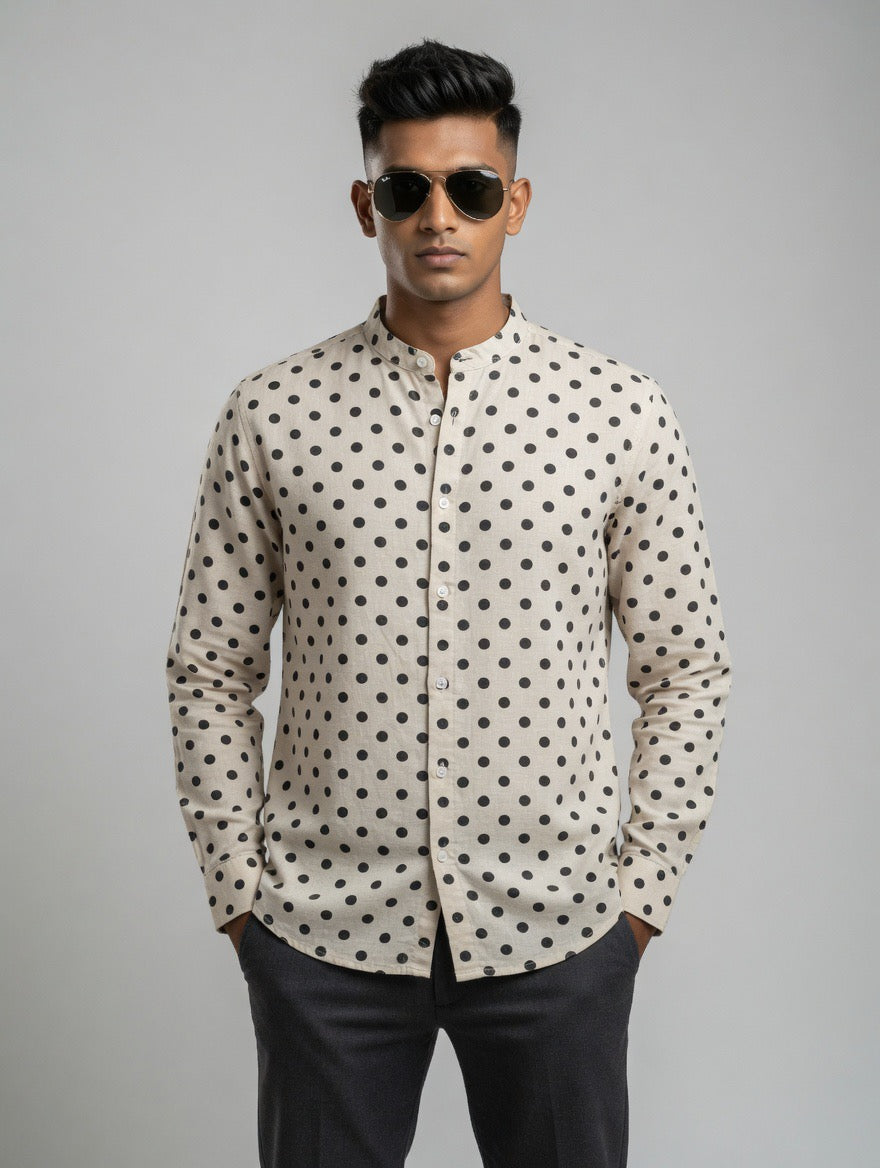 Beige Polka Dot Linen Shirt – Chinese Collar