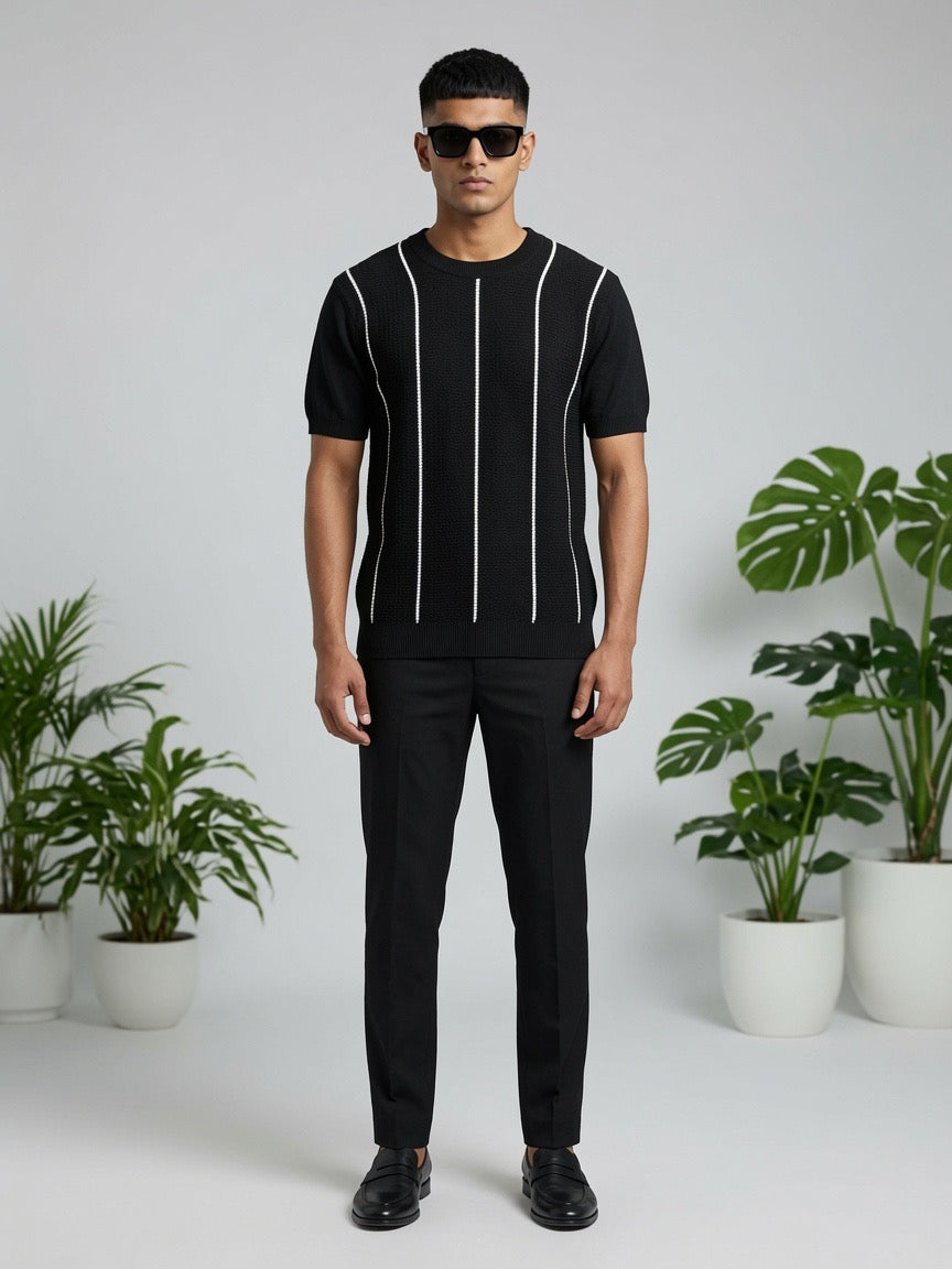 Striped Textured Knit T Shirt