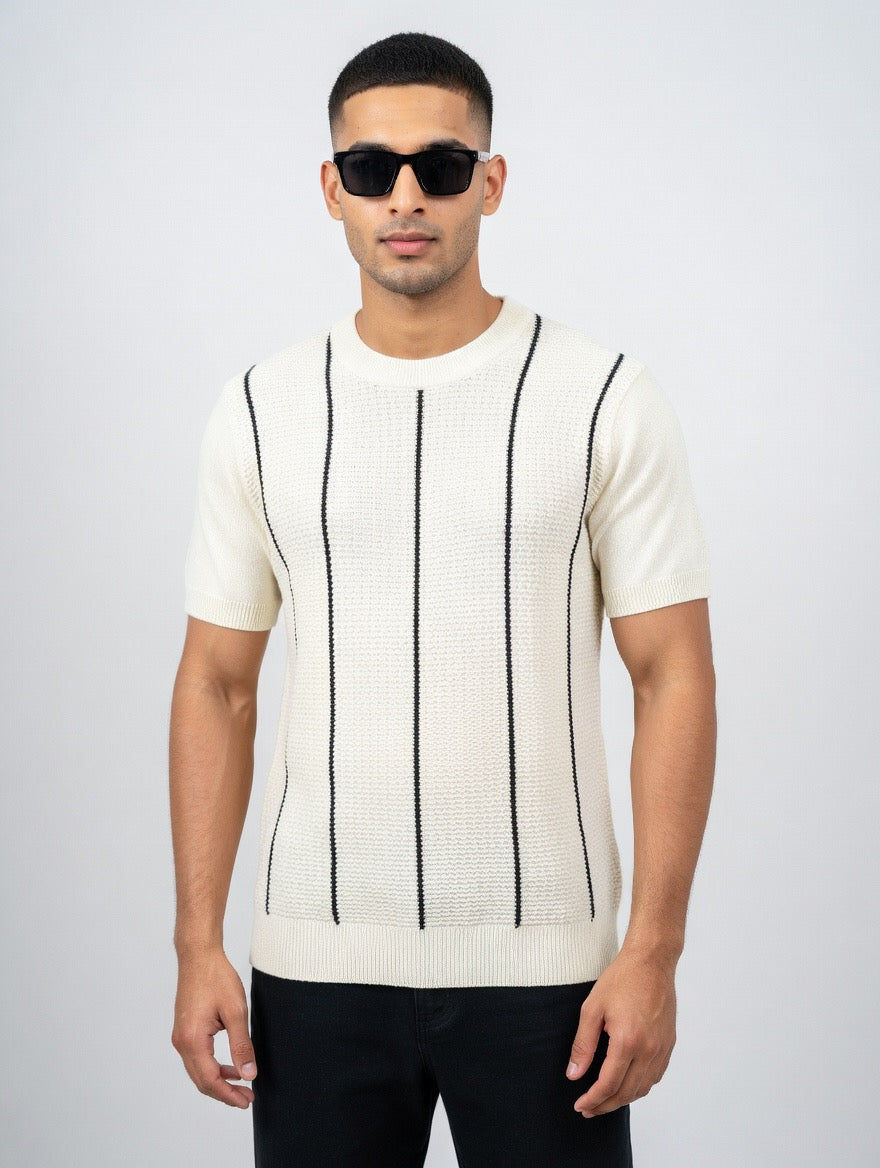 Striped Textured Knit T Shirt