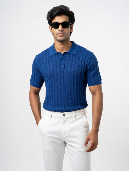 Open-Knit Cable Polo Shirt