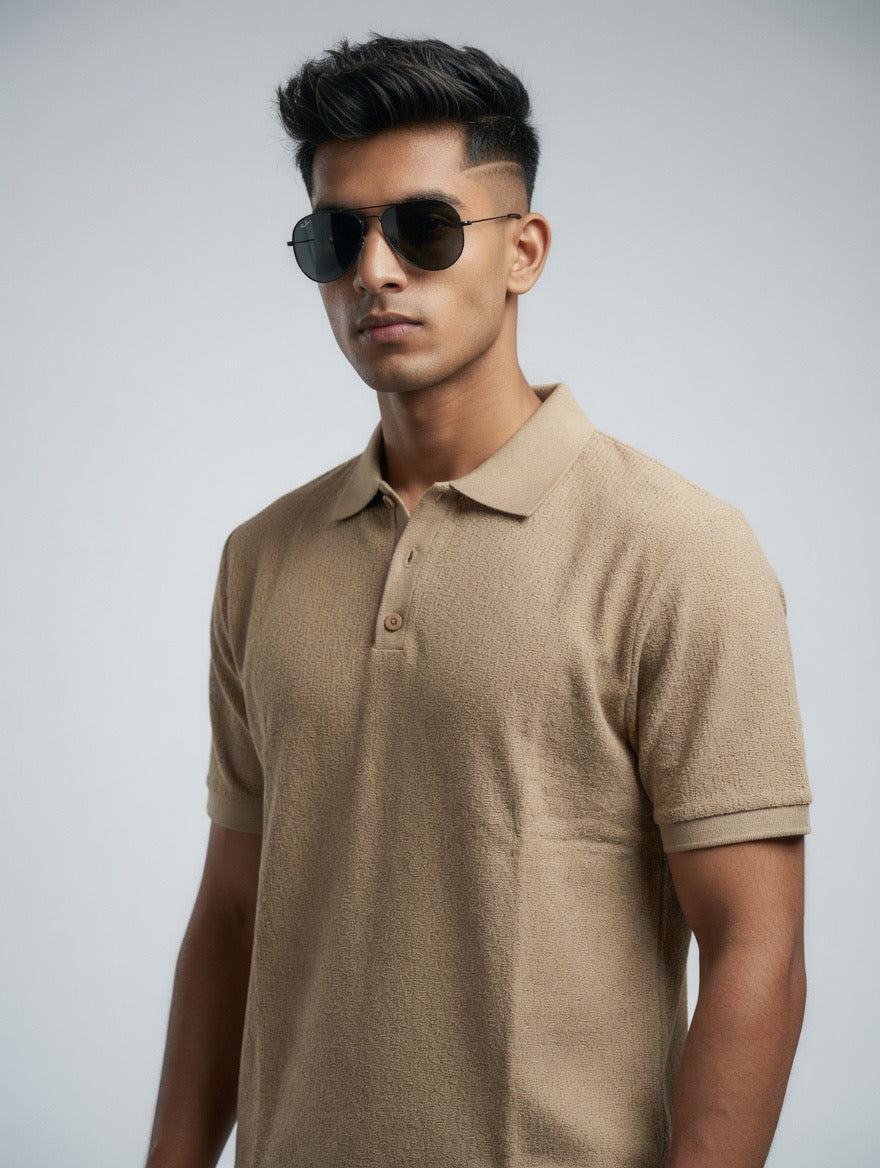 Textured Ribbed Pure Cotton Polo Shirt