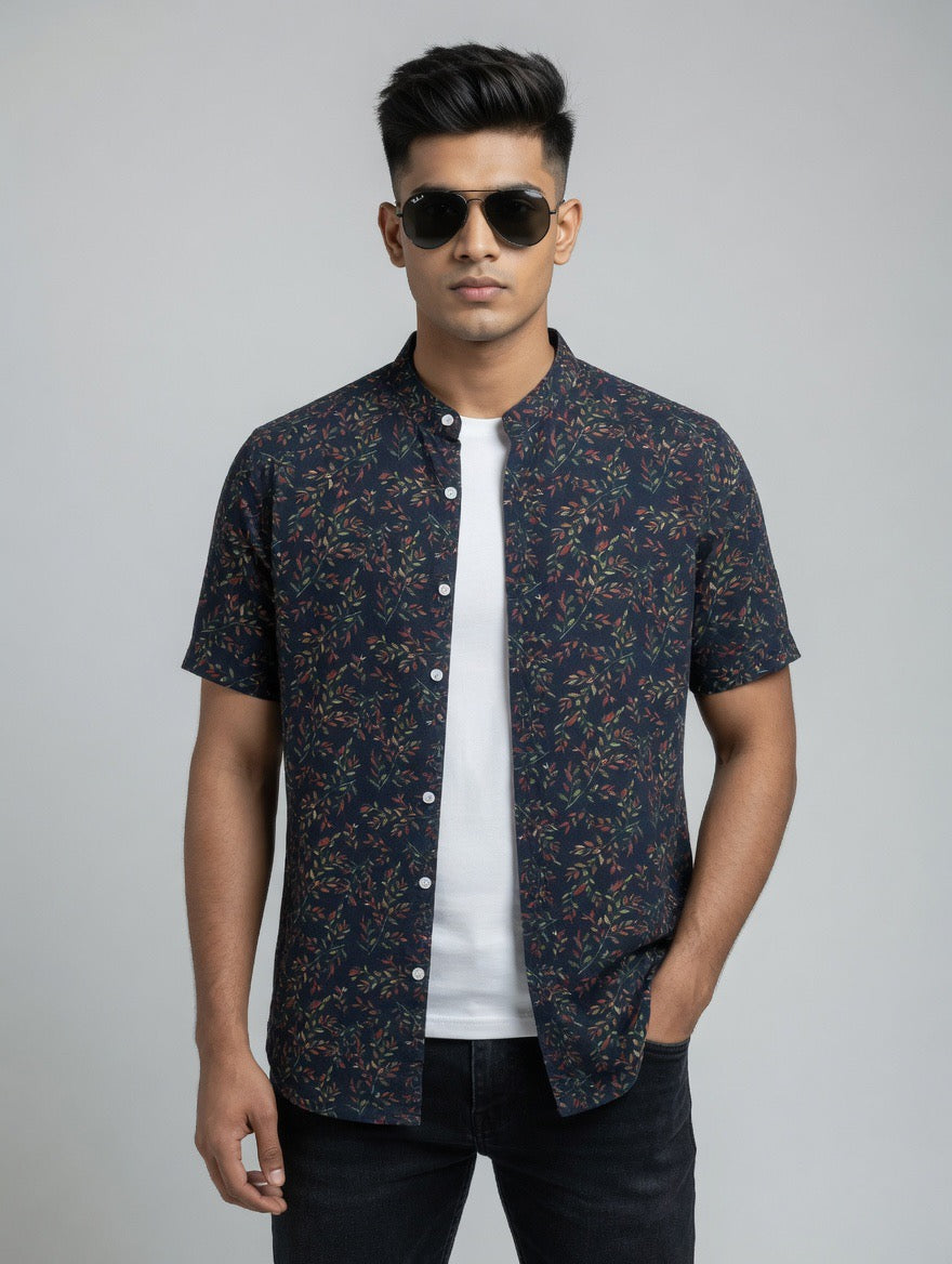 Navy Blue Leaf Print Chinese Collar Shirt