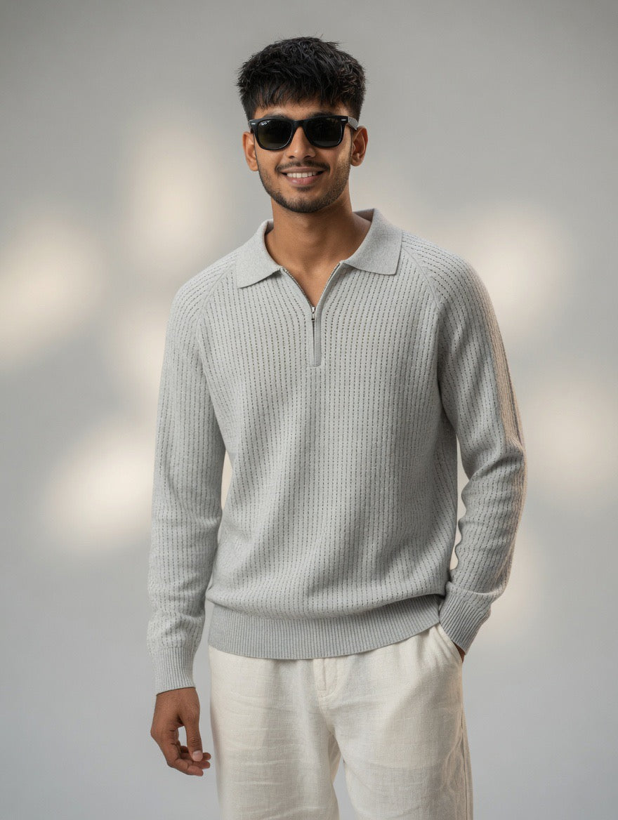 Open-Knit Polo Sweater