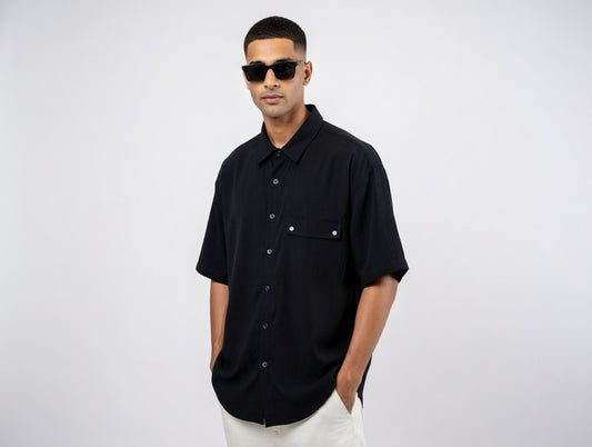 Black Oversized Short Sleeve Button-Down Shirt