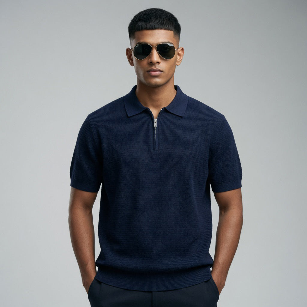 Ribbed Zip-Up Polo Shirt