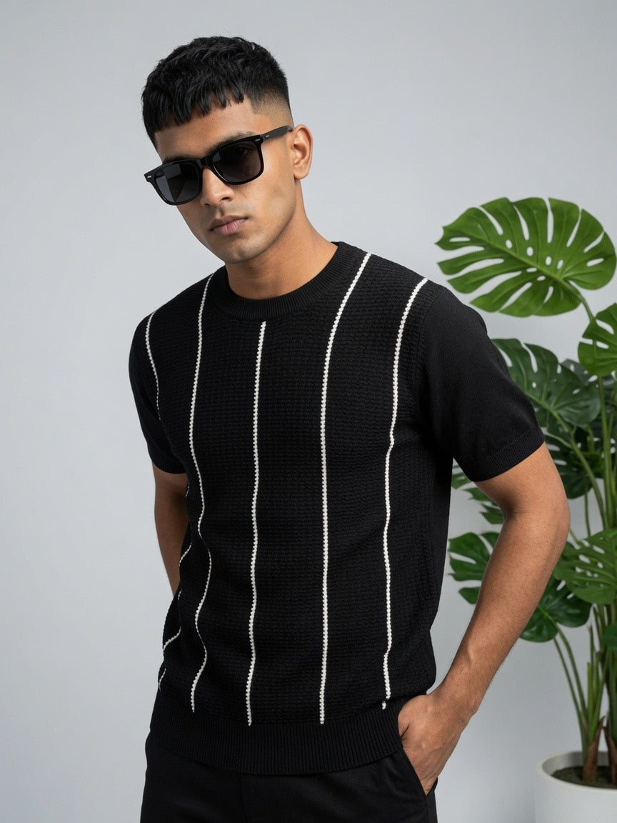 Striped Textured Knit T Shirt