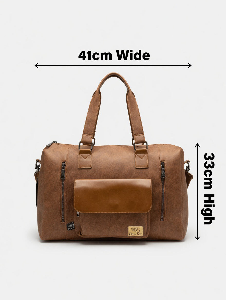 Premium Two-Tone Brown Faux Leather Duffel Bag