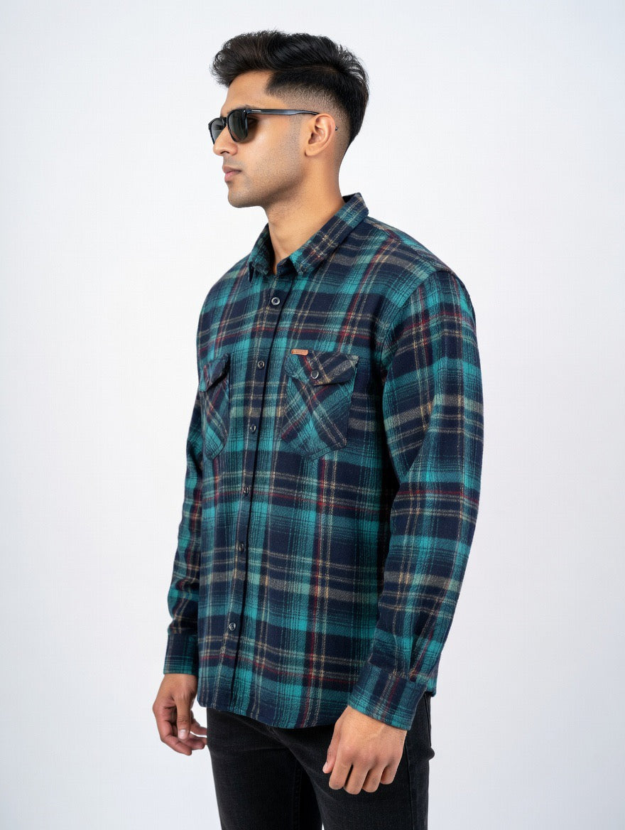 Men’s Teal Plaid Flannel Shirt | Premium Oversized Long Sleeve Button-Down Shirt