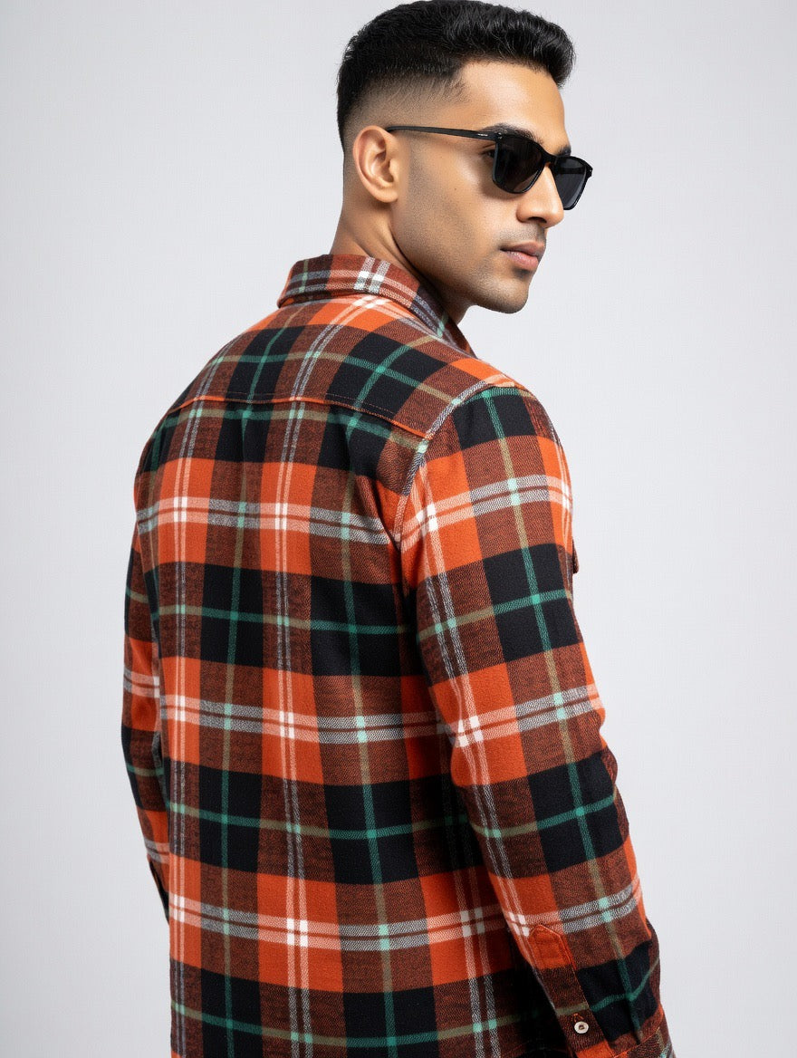 Premium Orange Green Black Plaid Flannel Shirt