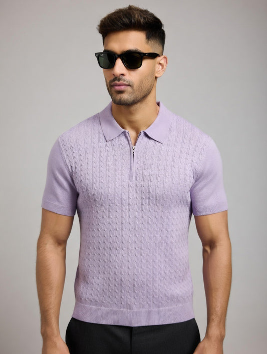 Cable Knit Zip-Up Polo Shirt | Premium Textured Knitwear