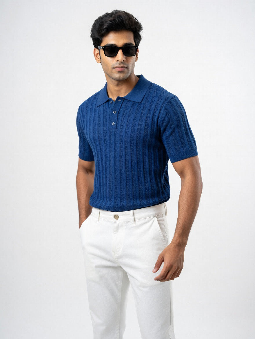 Open-Knit Cable Polo Shirt